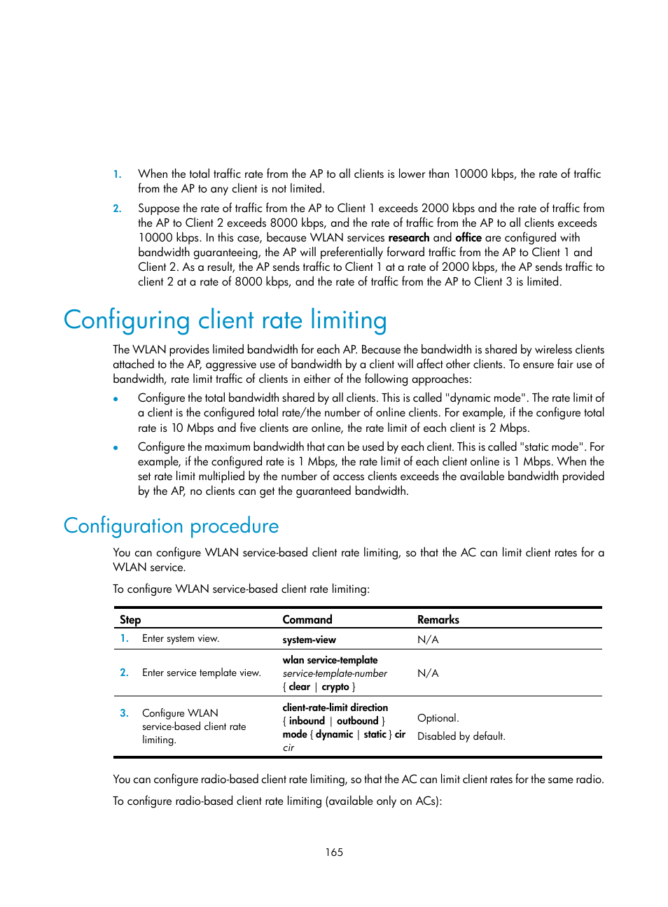 Configuring client rate limiting, Configuration procedure | H3C Technologies H3C WX3000E Series Wireless Switches User Manual | Page 177 / 226