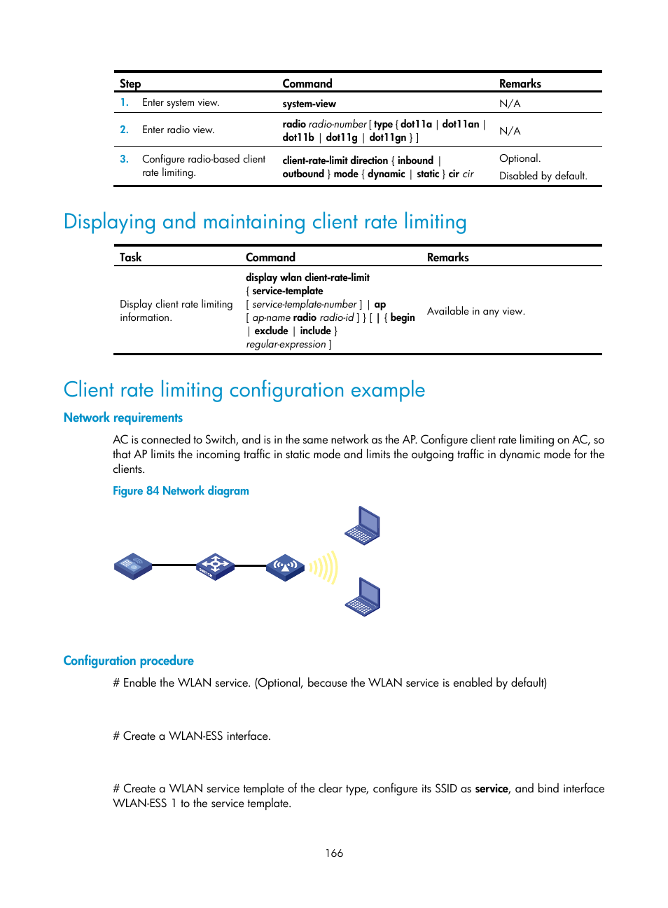 Displaying and maintaining client rate limiting, Client rate limiting configuration example, Network requirements | Configuration procedure | H3C Technologies H3C WX3000E Series Wireless Switches User Manual | Page 178 / 226