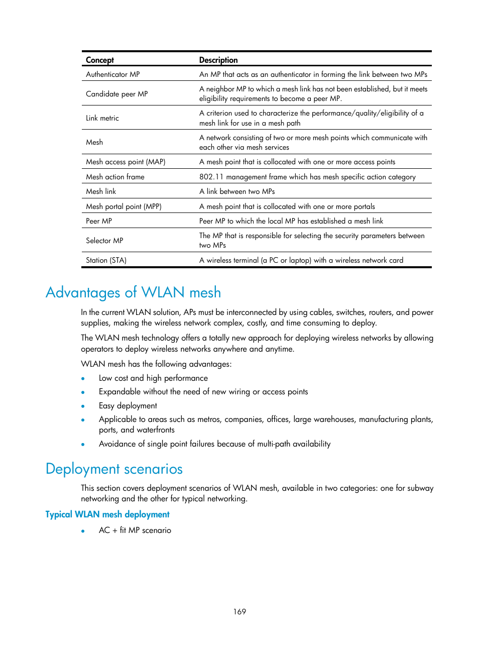 Advantages of wlan mesh, Deployment scenarios, Typical wlan mesh deployment | H3C Technologies H3C WX3000E Series Wireless Switches User Manual | Page 181 / 226