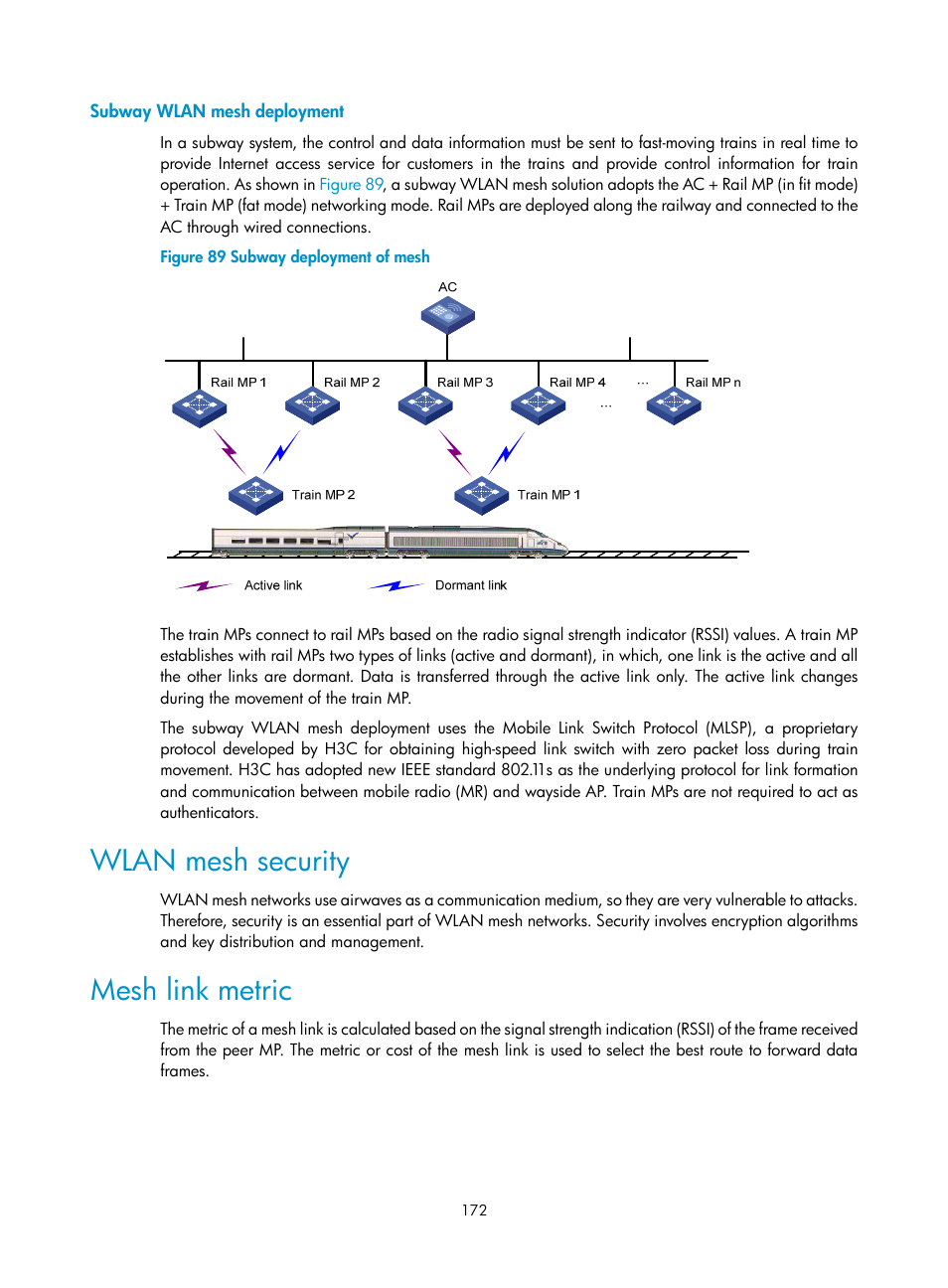 Subway wlan mesh deployment, Wlan mesh security, Mesh link metric | H3C Technologies H3C WX3000E Series Wireless Switches User Manual | Page 184 / 226