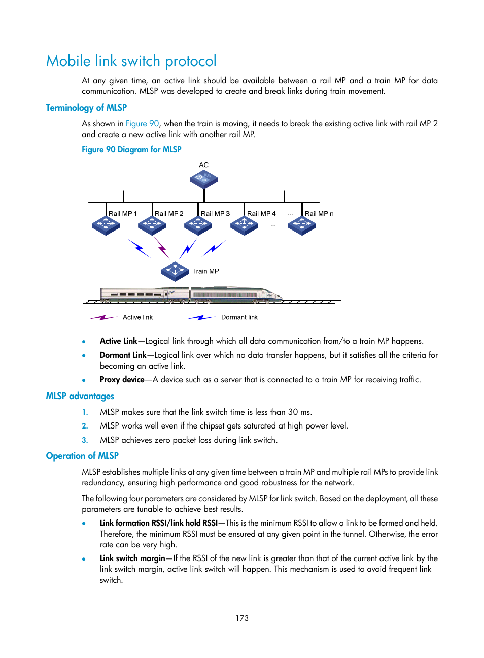 Mobile link switch protocol, Terminology of mlsp, Mlsp advantages | Operation of mlsp | H3C Technologies H3C WX3000E Series Wireless Switches User Manual | Page 185 / 226