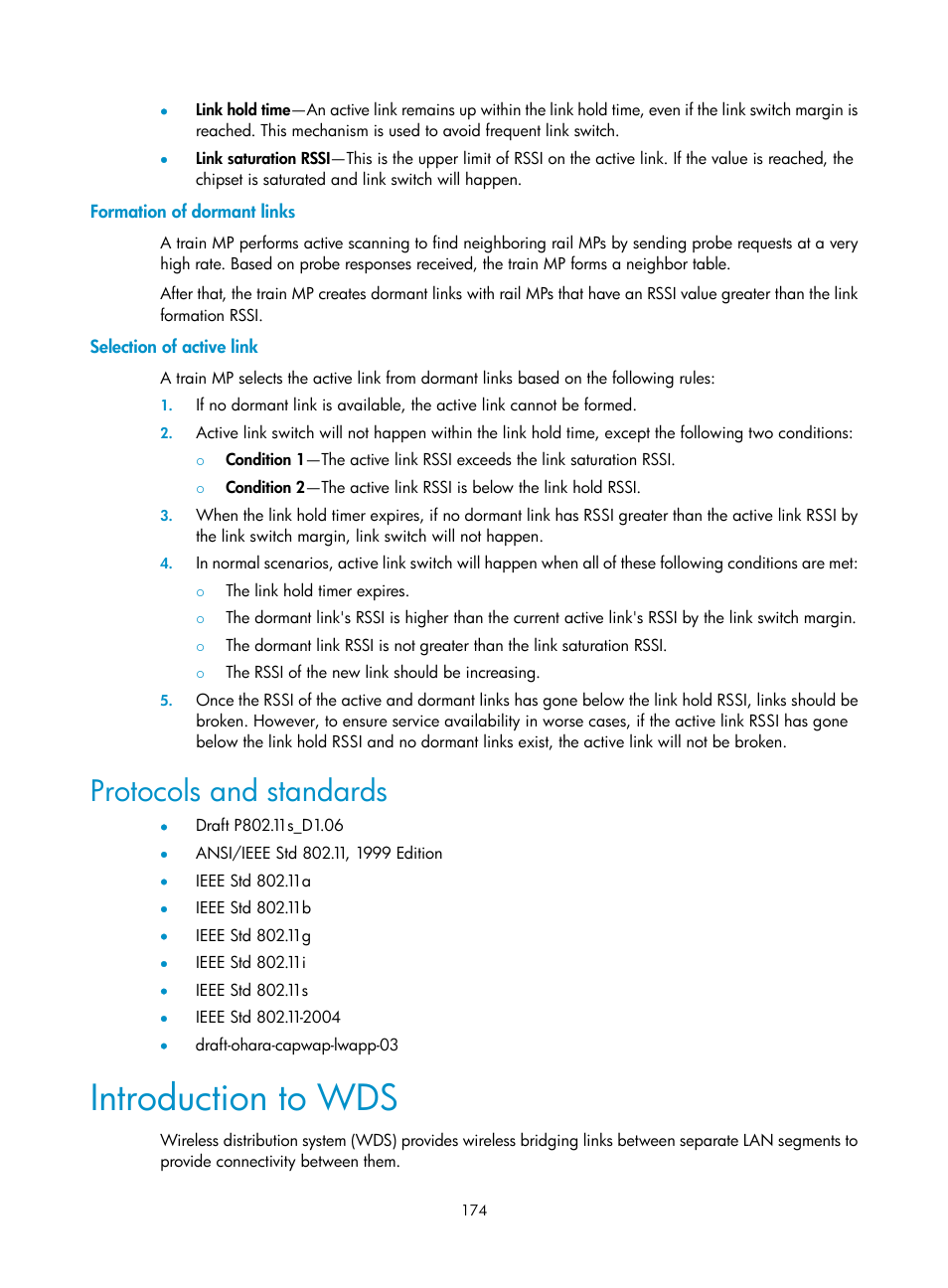 Formation of dormant links, Selection of active link, Protocols and standards | Introduction to wds | H3C Technologies H3C WX3000E Series Wireless Switches User Manual | Page 186 / 226