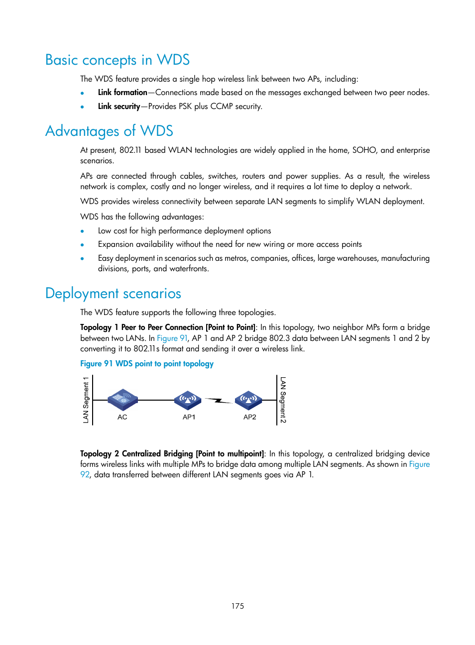 Basic concepts in wds, Advantages of wds, Deployment scenarios | H3C Technologies H3C WX3000E Series Wireless Switches User Manual | Page 187 / 226