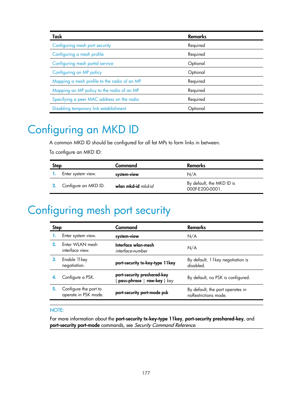 Configuring an mkd id, Configuring mesh port security | H3C Technologies H3C WX3000E Series Wireless Switches User Manual | Page 189 / 226