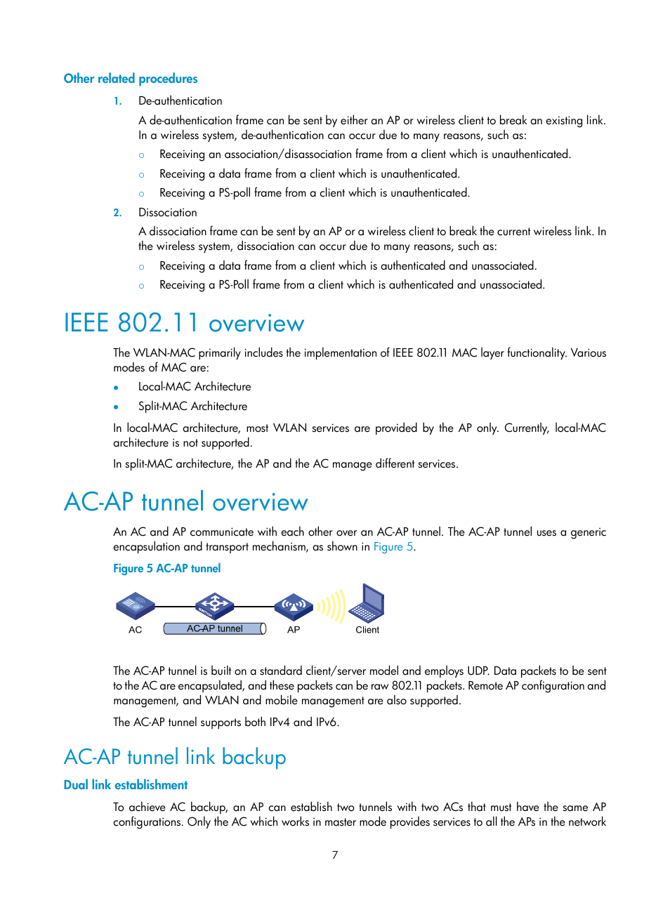 Other related procedures, Ieee 802.11 overview, Ac-ap tunnel overview | Ac-ap tunnel link backup, Dual link establishment | H3C Technologies H3C WX3000E Series Wireless Switches User Manual | Page 19 / 226