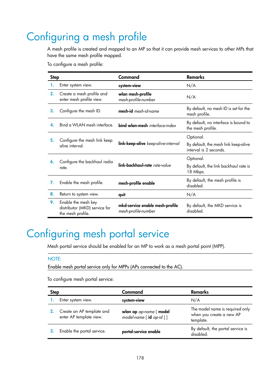 Configuring a mesh profile, Configuring mesh portal service | H3C Technologies H3C WX3000E Series Wireless Switches User Manual | Page 190 / 226