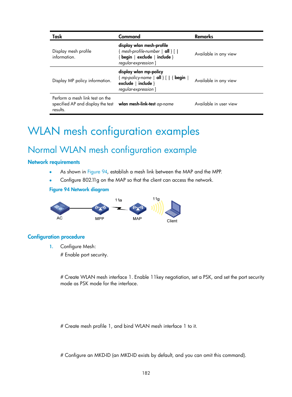 Wlan mesh configuration examples, Normal wlan mesh configuration example, Network requirements | Configuration procedure | H3C Technologies H3C WX3000E Series Wireless Switches User Manual | Page 194 / 226