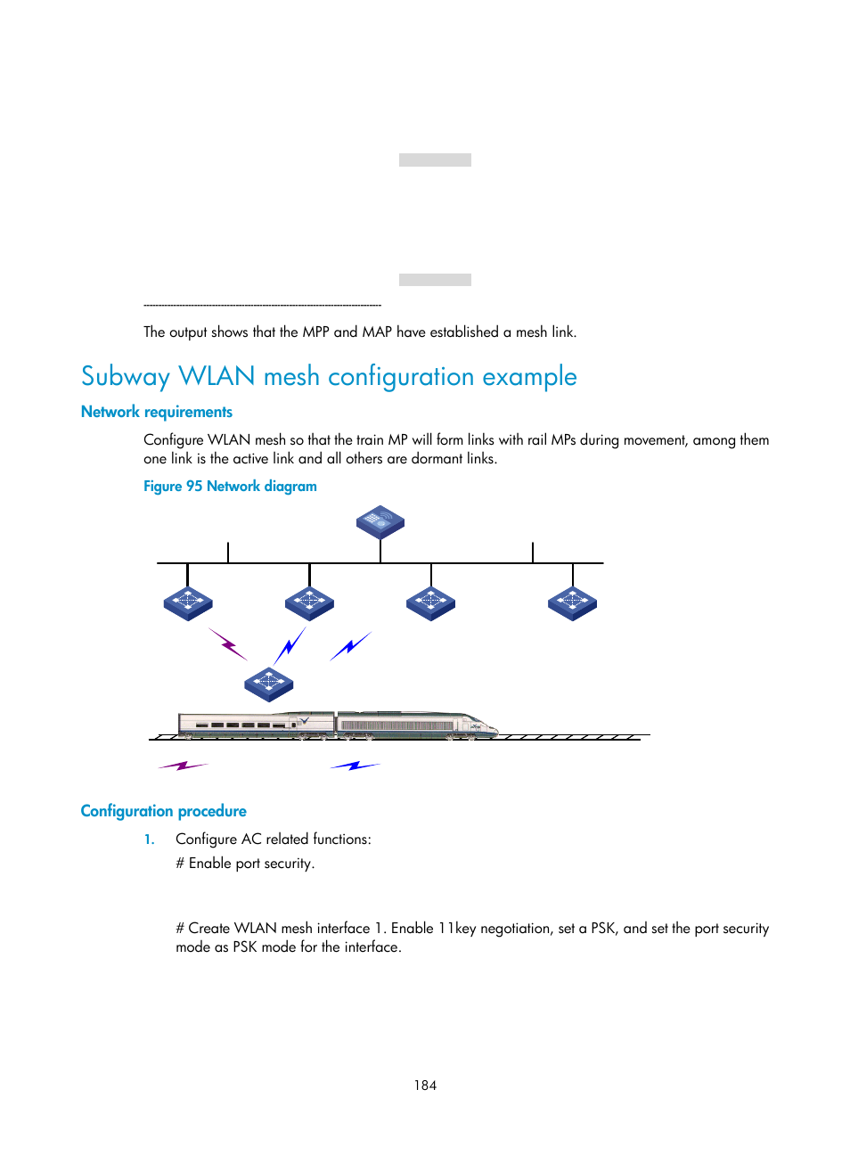 Subway wlan mesh configuration example, Network requirements, Configuration procedure | H3C Technologies H3C WX3000E Series Wireless Switches User Manual | Page 196 / 226