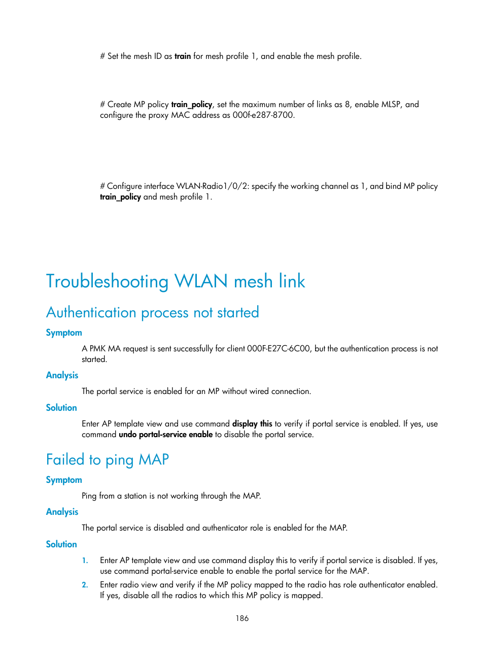 Troubleshooting wlan mesh link, Authentication process not started, Symptom | Analysis, Solution, Failed to ping map | H3C Technologies H3C WX3000E Series Wireless Switches User Manual | Page 198 / 226