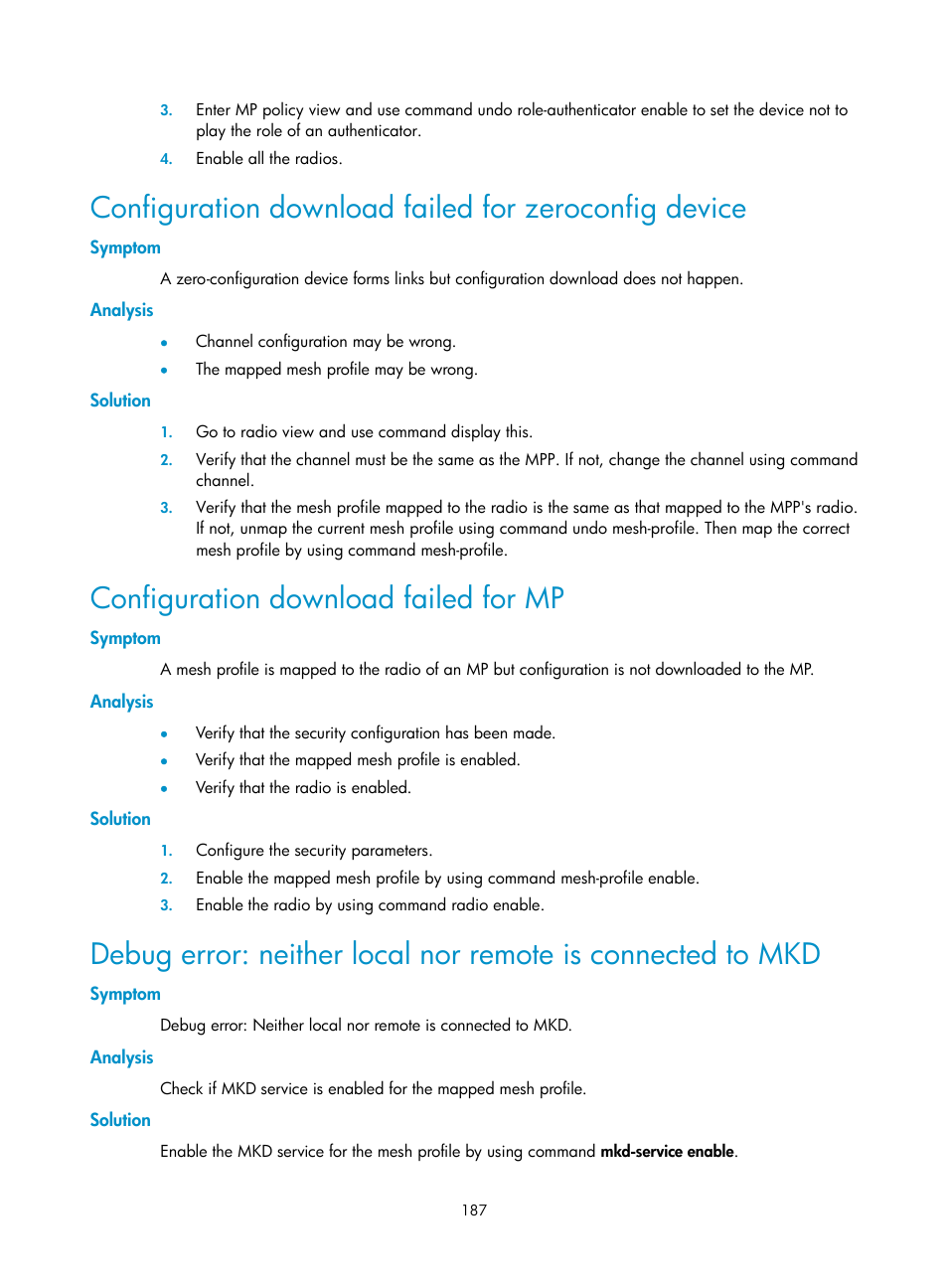 Symptom, Analysis, Solution | Configuration download failed for mp | H3C Technologies H3C WX3000E Series Wireless Switches User Manual | Page 199 / 226