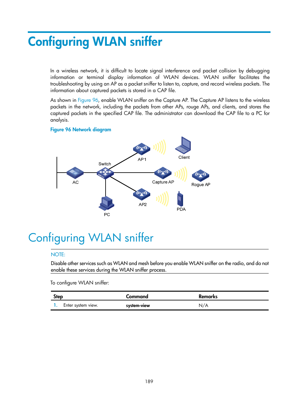 Configuring wlan sniffer | H3C Technologies H3C WX3000E Series Wireless Switches User Manual | Page 201 / 226