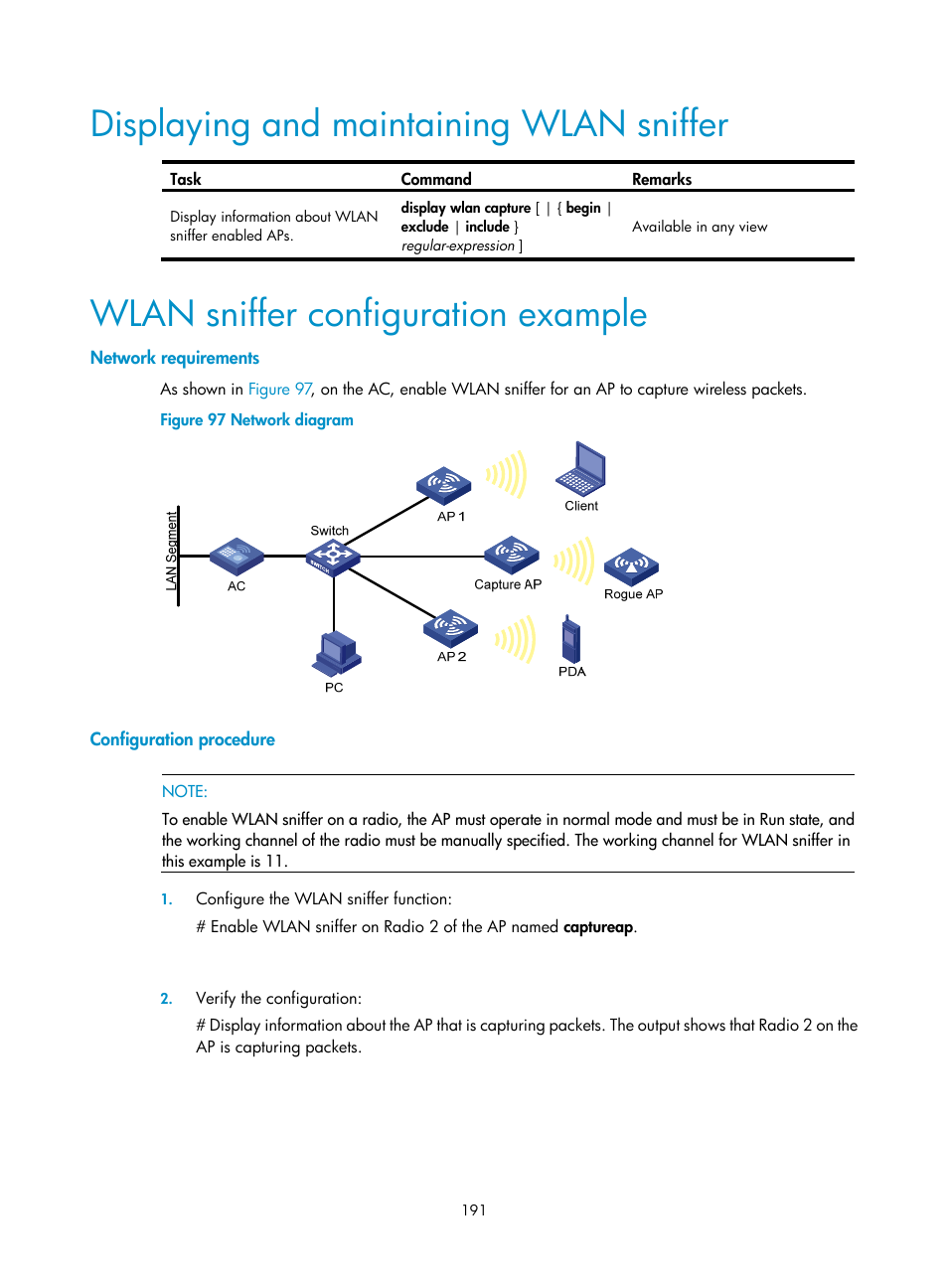 Displaying and maintaining wlan sniffer, Wlan sniffer configuration example, Network requirements | Configuration procedure | H3C Technologies H3C WX3000E Series Wireless Switches User Manual | Page 203 / 226