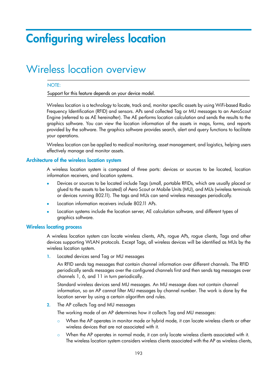 Configuring wireless location, Wireless location overview, Architecture of the wireless location system | Wireless locating process | H3C Technologies H3C WX3000E Series Wireless Switches User Manual | Page 205 / 226