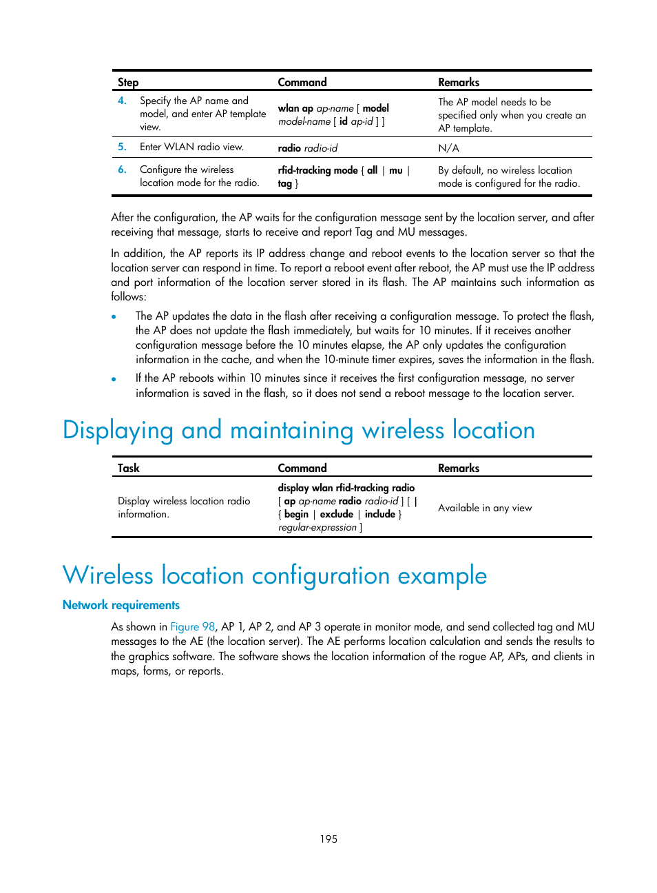 Displaying and maintaining wireless location, Wireless location configuration example, Network requirements | H3C Technologies H3C WX3000E Series Wireless Switches User Manual | Page 207 / 226