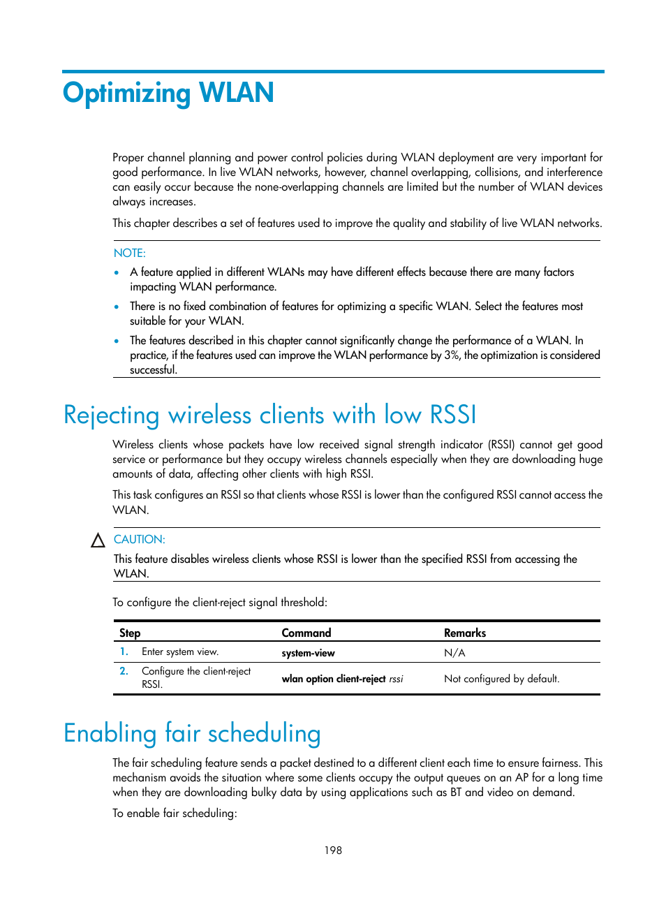 Optimizing wlan, Rejecting wireless clients with low rssi, Enabling fair scheduling | H3C Technologies H3C WX3000E Series Wireless Switches User Manual | Page 210 / 226