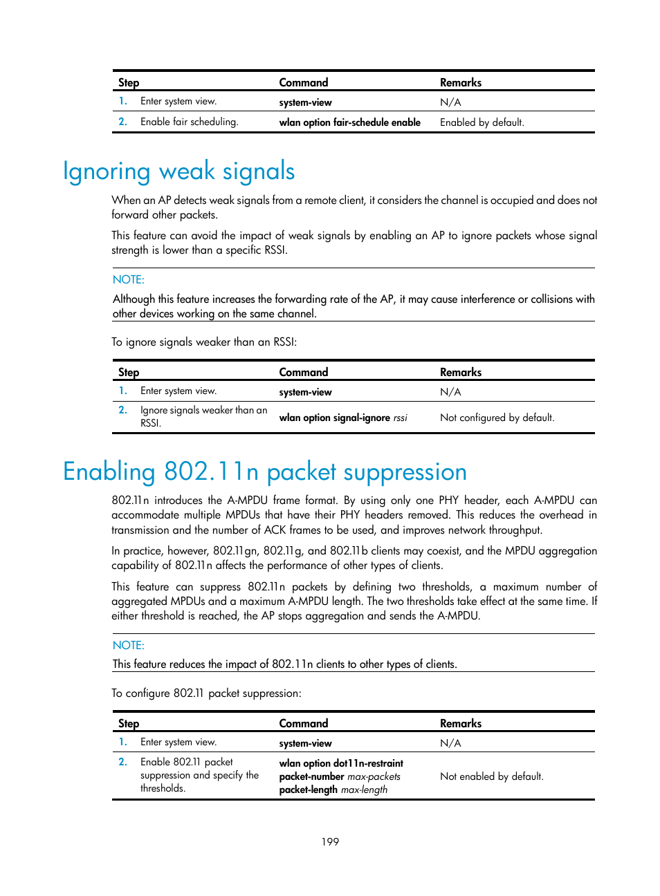 Ignoring weak signals, Enabling 802.11n packet suppression | H3C Technologies H3C WX3000E Series Wireless Switches User Manual | Page 211 / 226