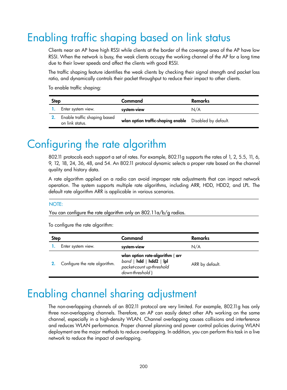 Enabling traffic shaping based on link status, Configuring the rate algorithm, Enabling channel sharing adjustment | H3C Technologies H3C WX3000E Series Wireless Switches User Manual | Page 212 / 226