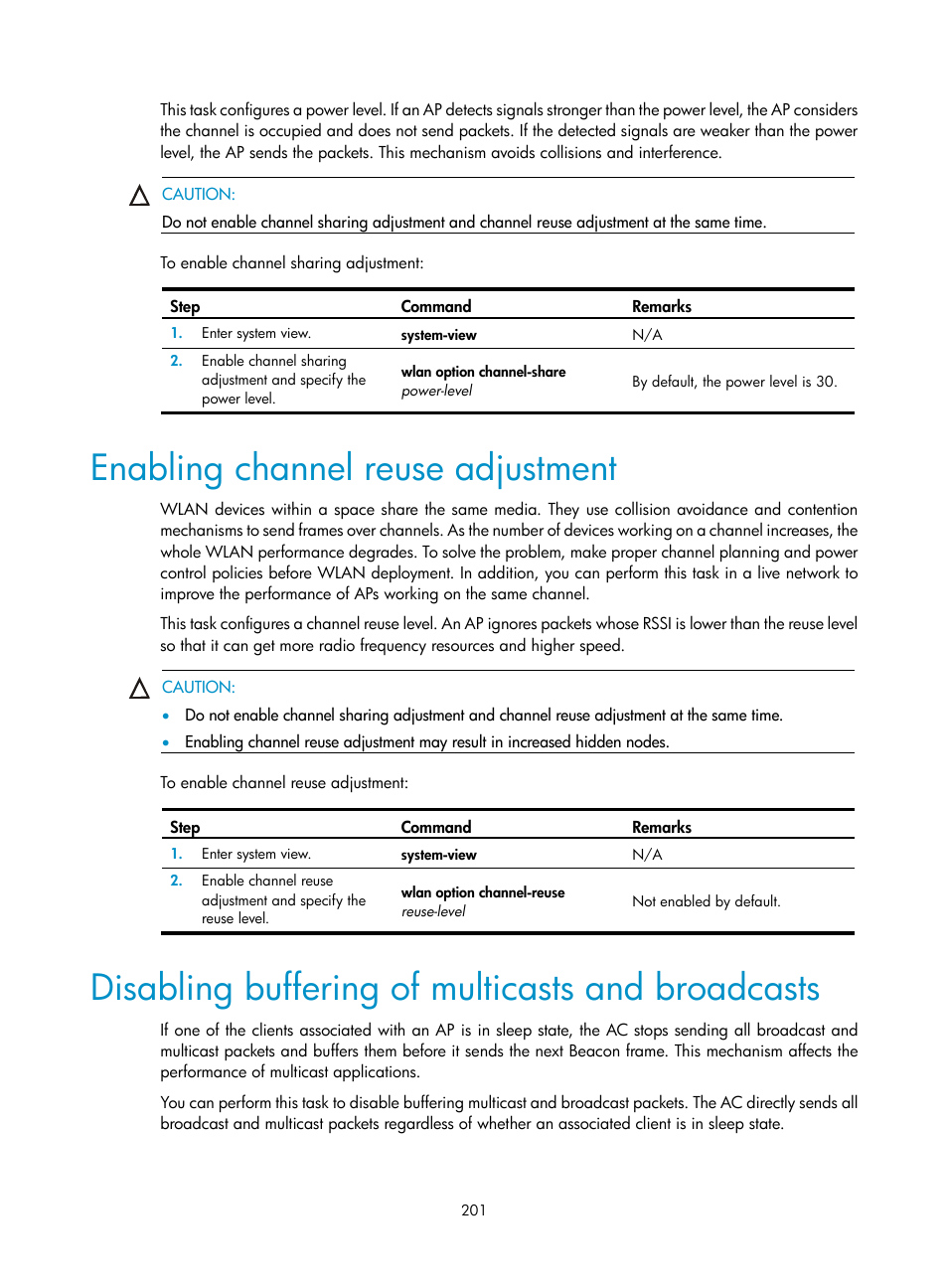 Enabling channel reuse adjustment, Disabling buffering of multicasts and broadcasts | H3C Technologies H3C WX3000E Series Wireless Switches User Manual | Page 213 / 226