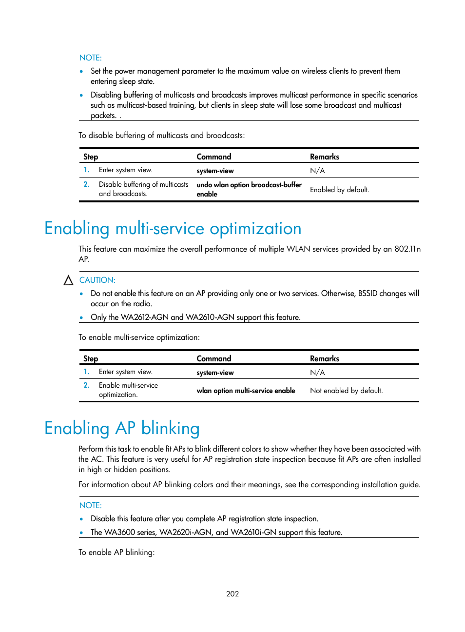 Enabling multi-service optimization, Enabling ap blinking | H3C Technologies H3C WX3000E Series Wireless Switches User Manual | Page 214 / 226