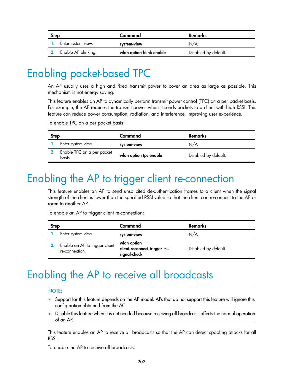 Enabling packet-based tpc, Enabling the ap to trigger client re-connection, Enabling the ap to receive all broadcasts | H3C Technologies H3C WX3000E Series Wireless Switches User Manual | Page 215 / 226