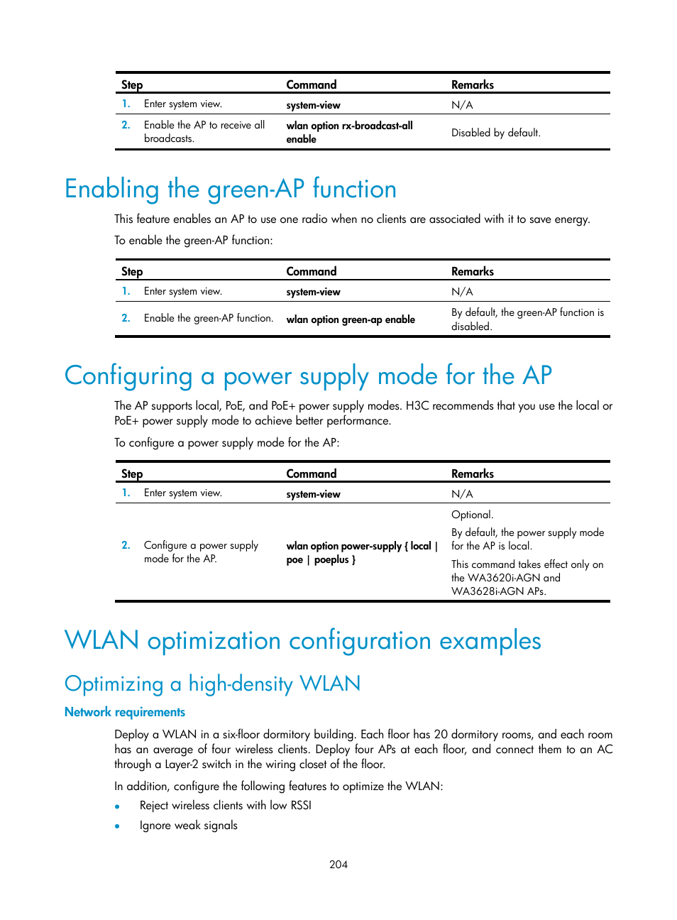 Enabling the green-ap function, Configuring a power supply mode for the ap, Wlan optimization configuration examples | Optimizing a high-density wlan, Network requirements | H3C Technologies H3C WX3000E Series Wireless Switches User Manual | Page 216 / 226