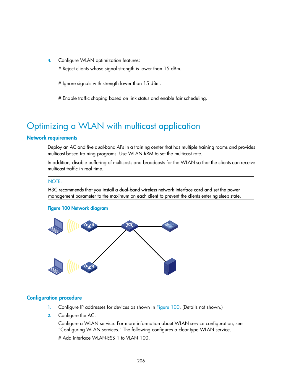 Optimizing a wlan with multicast application, Network requirements, Configuration procedure | H3C Technologies H3C WX3000E Series Wireless Switches User Manual | Page 218 / 226