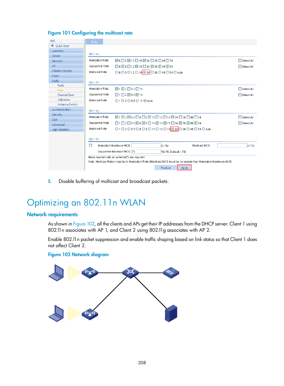 Optimizing an 802.11n wlan, Network requirements | H3C Technologies H3C WX3000E Series Wireless Switches User Manual | Page 220 / 226