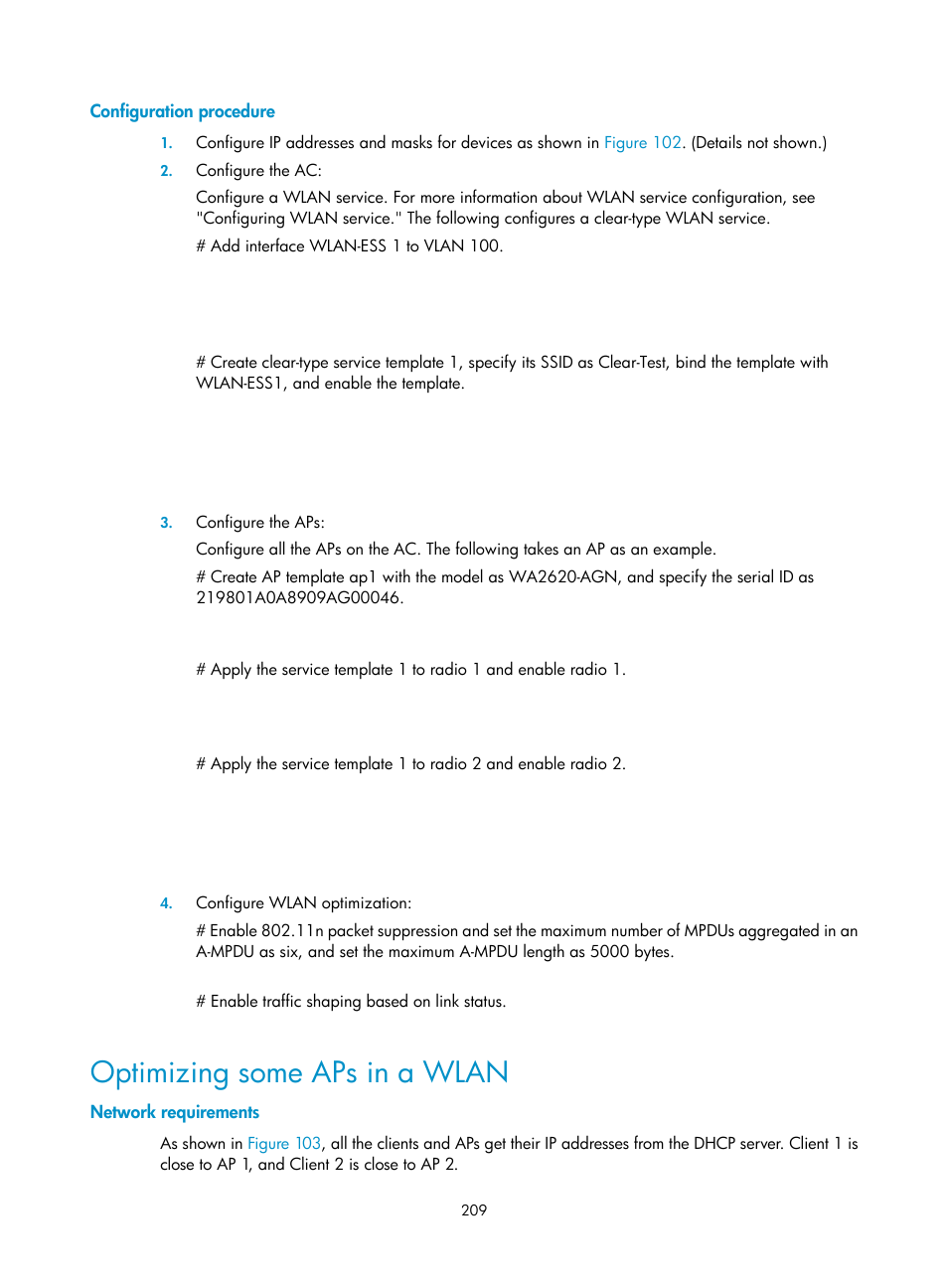 Configuration procedure, Optimizing some aps in a wlan, Network requirements | H3C Technologies H3C WX3000E Series Wireless Switches User Manual | Page 221 / 226