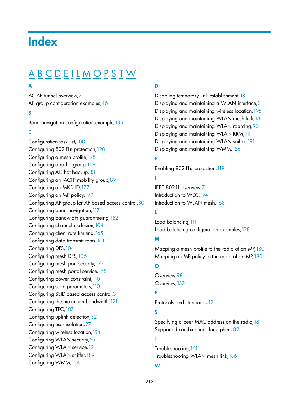 Index | H3C Technologies H3C WX3000E Series Wireless Switches User Manual | Page 225 / 226