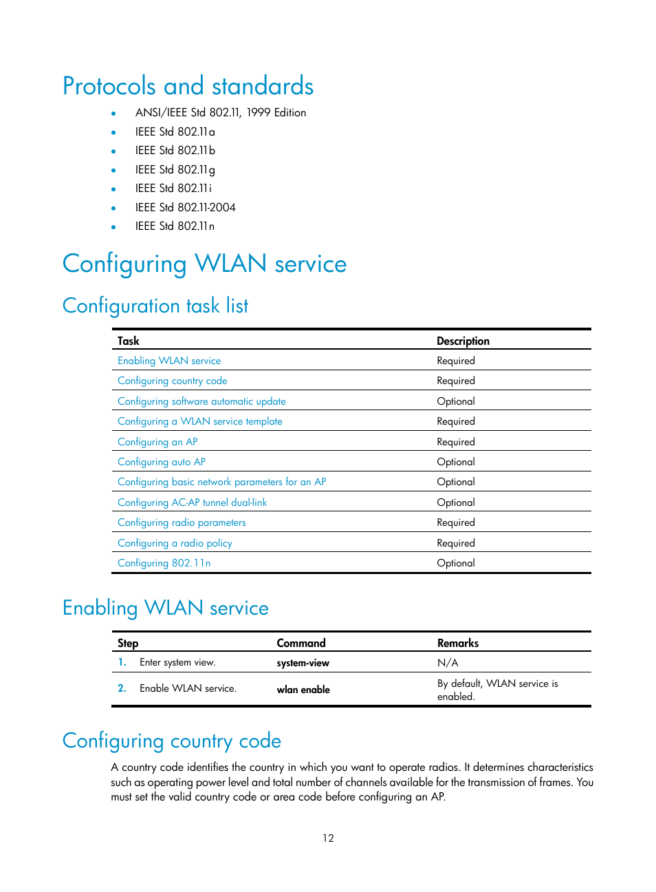 Protocols and standards, Configuring wlan service, Configuration task list | Enabling wlan service, Configuring country code | H3C Technologies H3C WX3000E Series Wireless Switches User Manual | Page 24 / 226