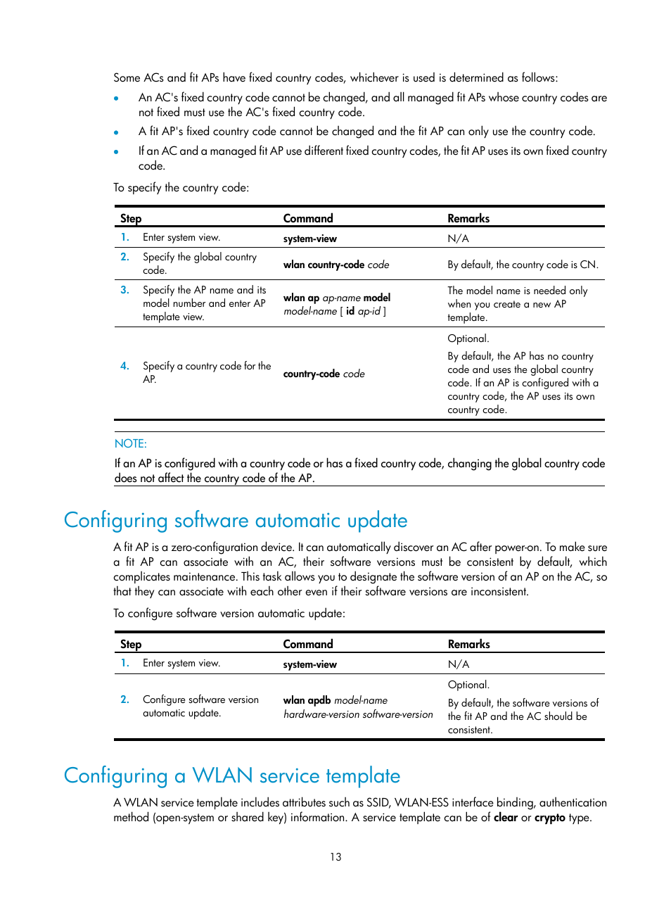 Configuring software automatic update, Configuring a wlan service template | H3C Technologies H3C WX3000E Series Wireless Switches User Manual | Page 25 / 226