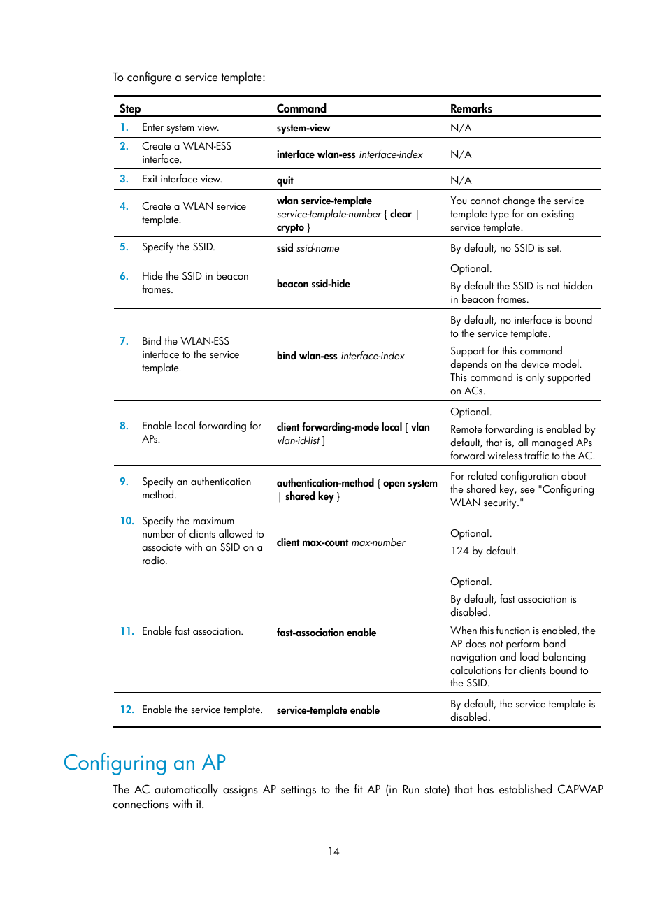 Configuring an ap | H3C Technologies H3C WX3000E Series Wireless Switches User Manual | Page 26 / 226