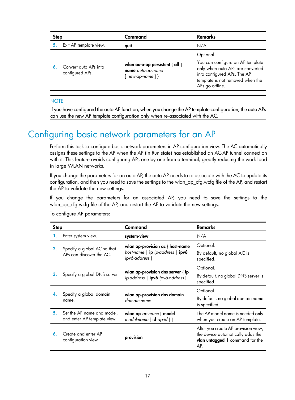 Configuring basic network parameters for an ap | H3C Technologies H3C WX3000E Series Wireless Switches User Manual | Page 29 / 226