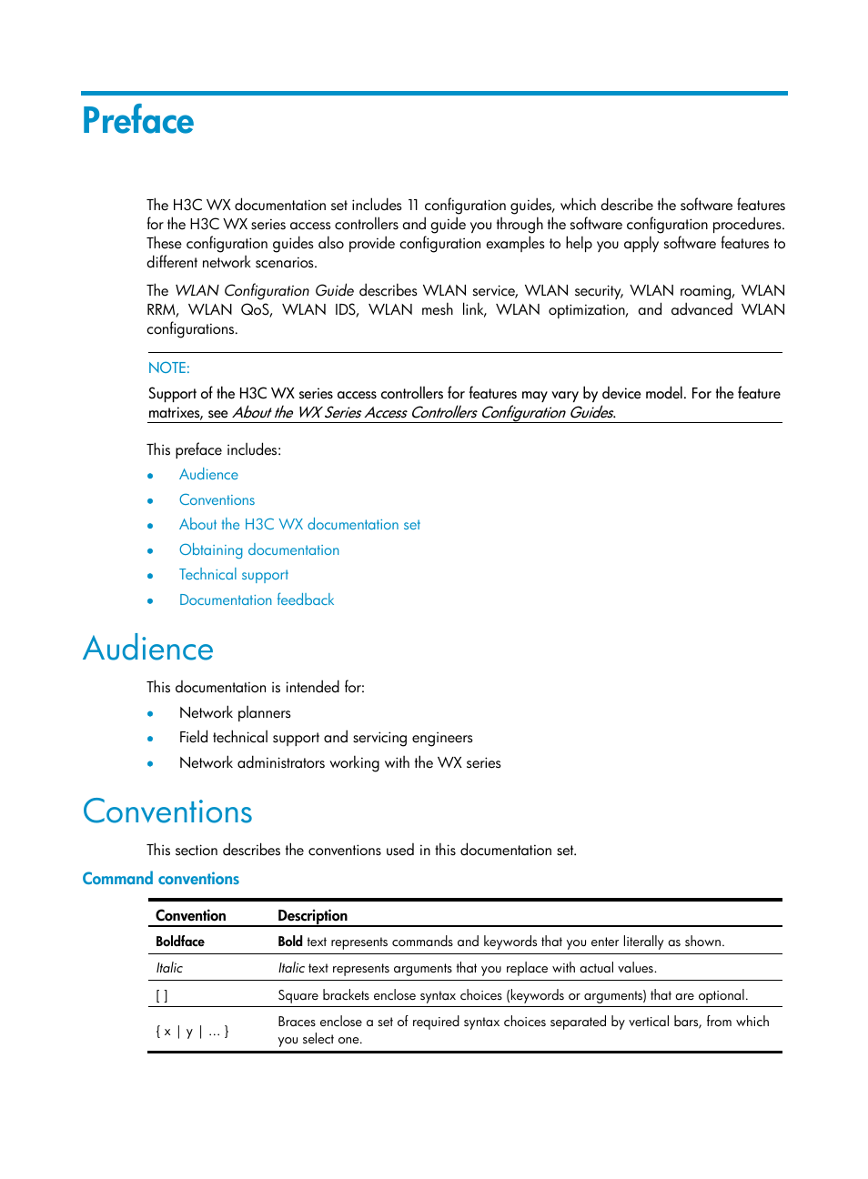 Preface, Audience, Conventions | Command conventions | H3C Technologies H3C WX3000E Series Wireless Switches User Manual | Page 3 / 226