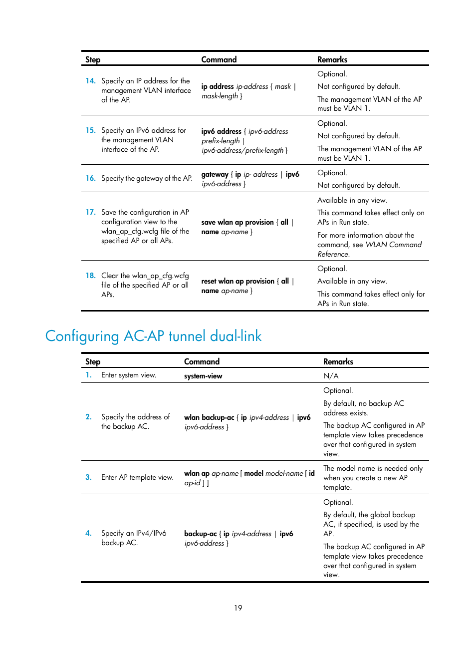 Configuring ac-ap tunnel dual-link | H3C Technologies H3C WX3000E Series Wireless Switches User Manual | Page 31 / 226