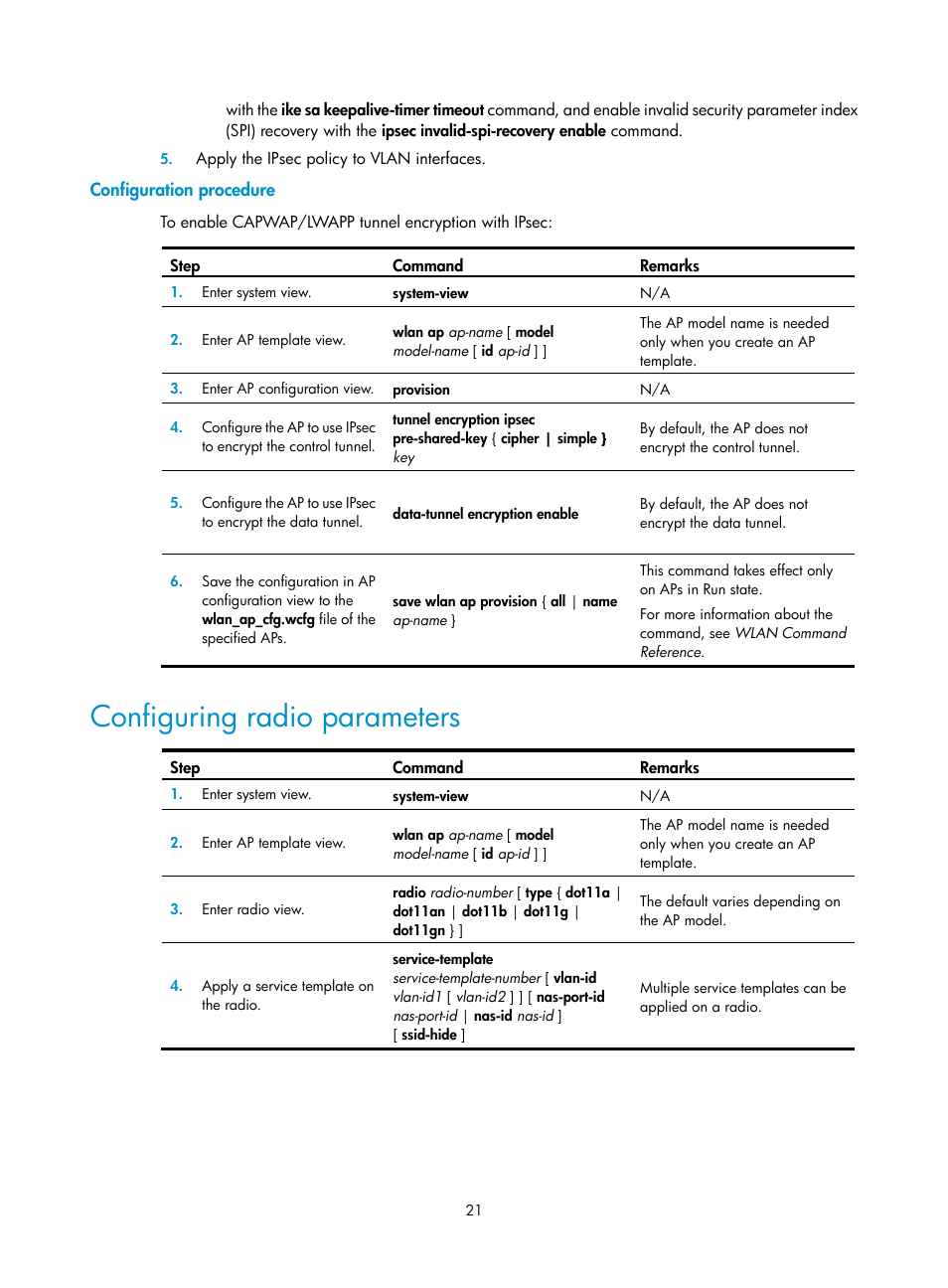 Configuration procedure, Configuring radio parameters | H3C Technologies H3C WX3000E Series Wireless Switches User Manual | Page 33 / 226