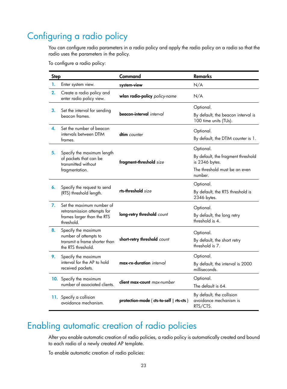 Configuring a radio policy, Enabling automatic creation of radio policies | H3C Technologies H3C WX3000E Series Wireless Switches User Manual | Page 35 / 226