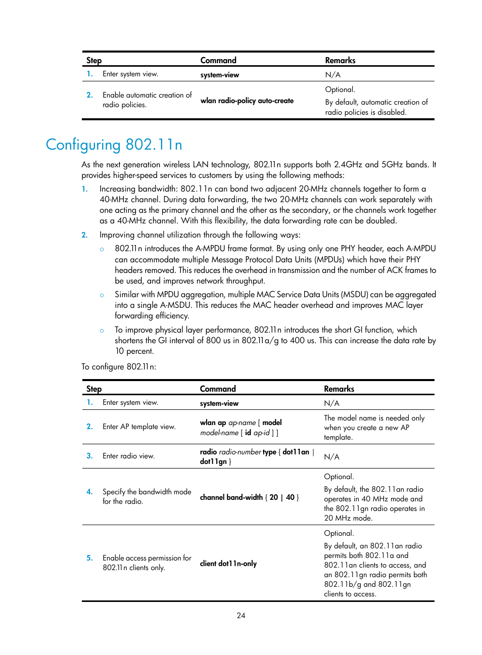 Configuring 802.11n | H3C Technologies H3C WX3000E Series Wireless Switches User Manual | Page 36 / 226