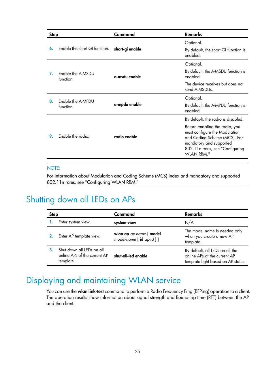 Shutting down all leds on aps, Displaying and maintaining wlan service | H3C Technologies H3C WX3000E Series Wireless Switches User Manual | Page 37 / 226