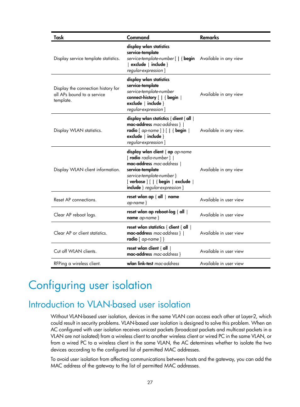 Configuring user isolation, Introduction to vlan-based user isolation | H3C Technologies H3C WX3000E Series Wireless Switches User Manual | Page 39 / 226