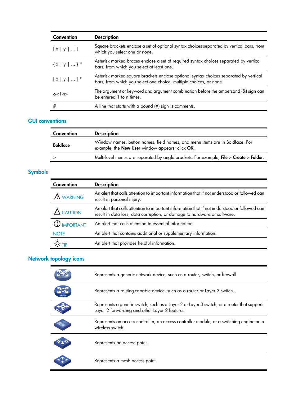 Gui conventions, Symbols, Network topology icons | H3C Technologies H3C WX3000E Series Wireless Switches User Manual | Page 4 / 226