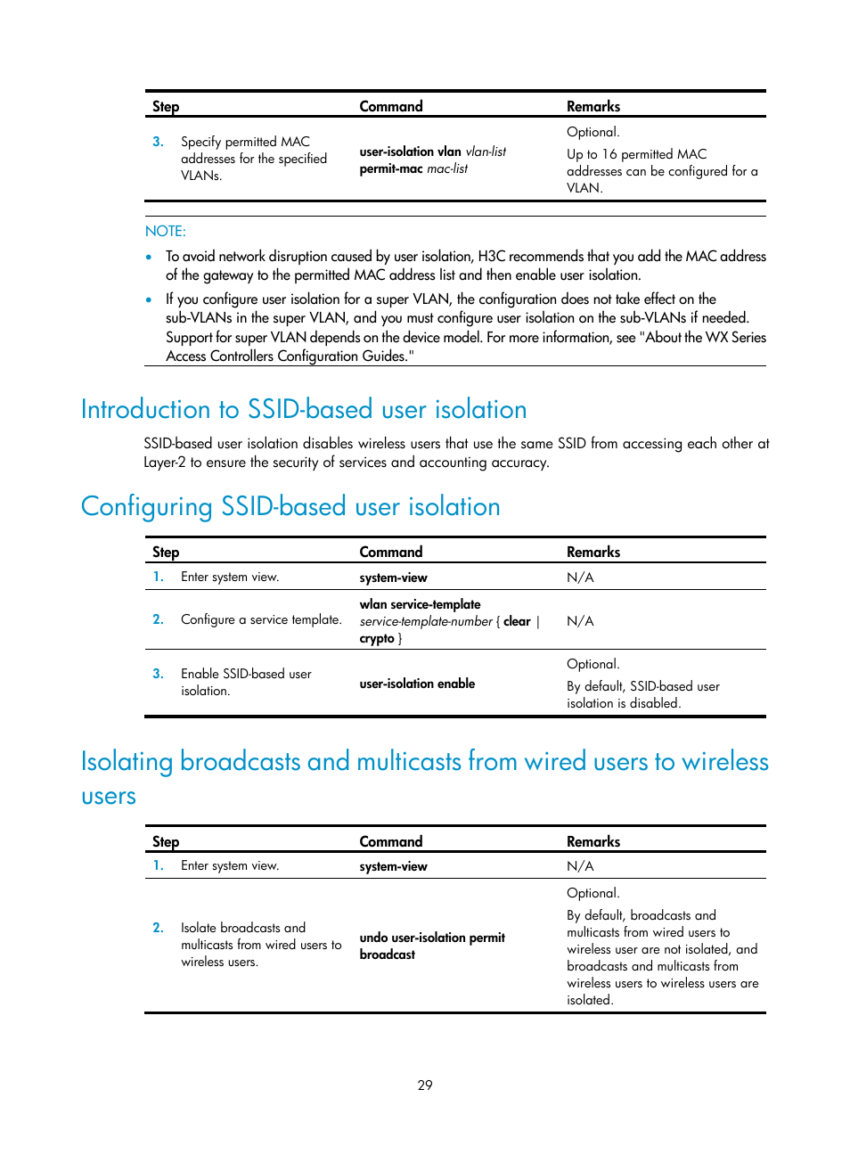 Introduction to ssid-based user isolation, Configuring ssid-based user isolation | H3C Technologies H3C WX3000E Series Wireless Switches User Manual | Page 41 / 226