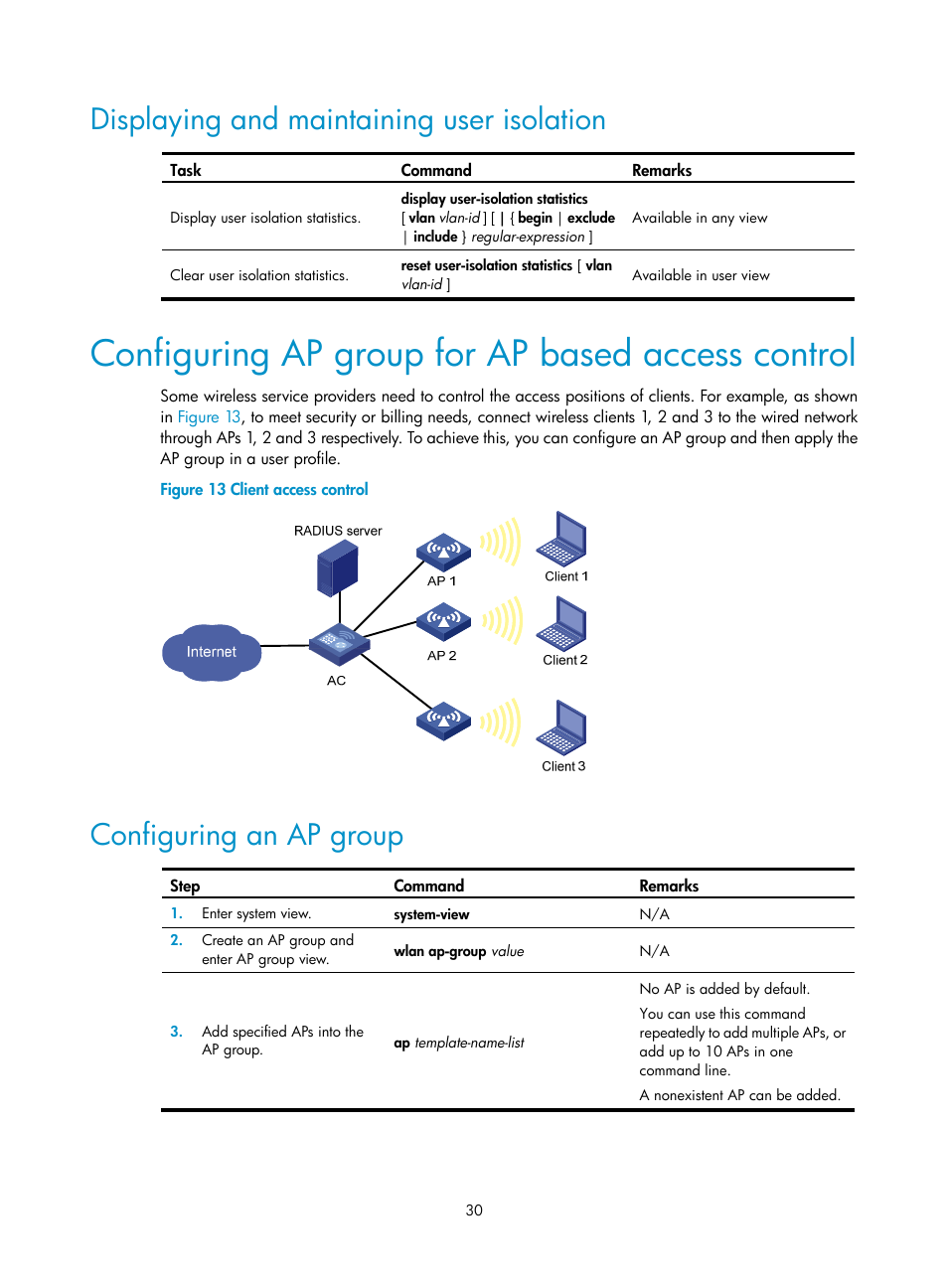 Displaying and maintaining user isolation, Configuring ap group for ap based access control, Configuring an ap group | H3C Technologies H3C WX3000E Series Wireless Switches User Manual | Page 42 / 226