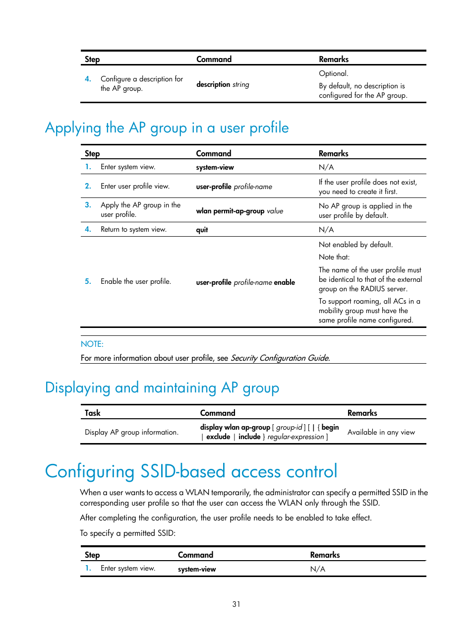 Applying the ap group in a user profile, Displaying and maintaining ap group, Configuring ssid-based access control | H3C Technologies H3C WX3000E Series Wireless Switches User Manual | Page 43 / 226