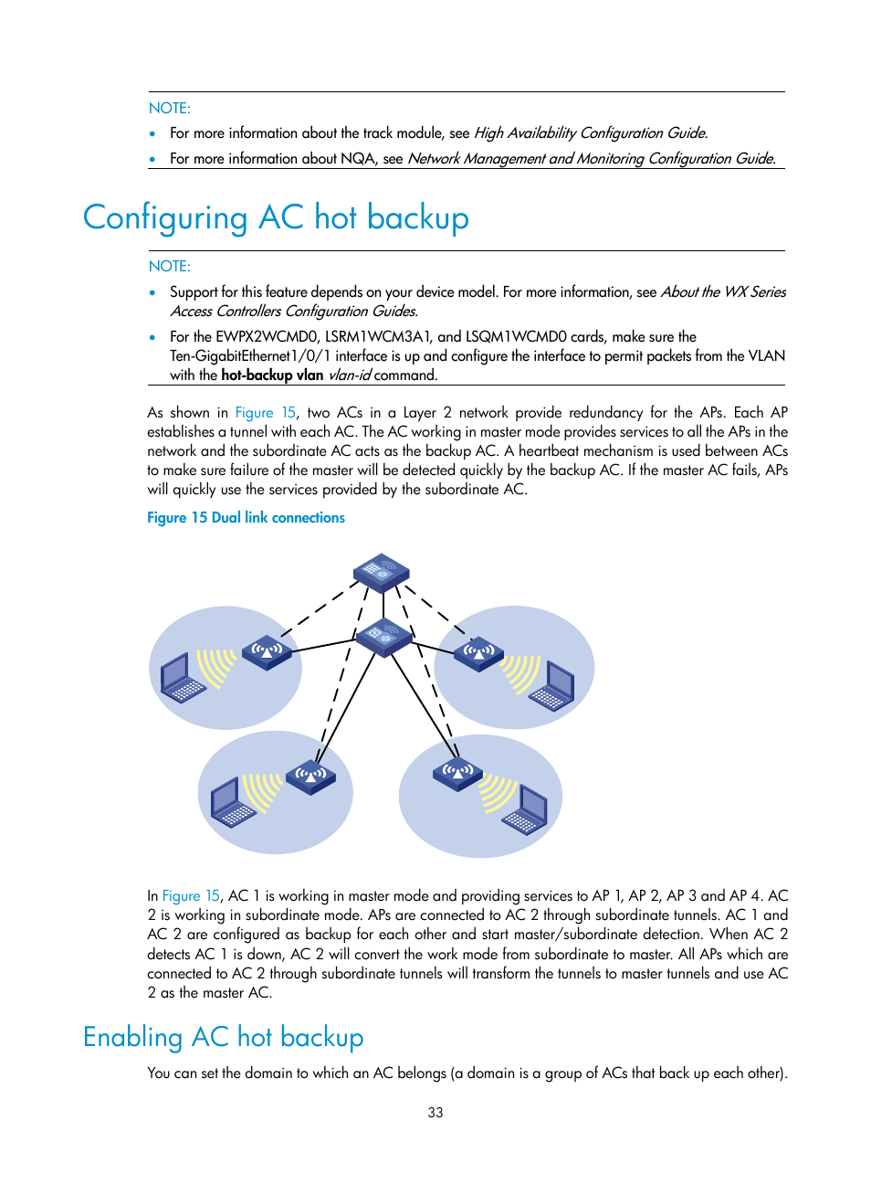 Configuring ac hot backup, Enabling ac hot backup | H3C Technologies H3C WX3000E Series Wireless Switches User Manual | Page 45 / 226