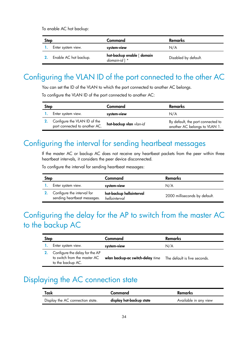 Displaying the ac connection state | H3C Technologies H3C WX3000E Series Wireless Switches User Manual | Page 46 / 226