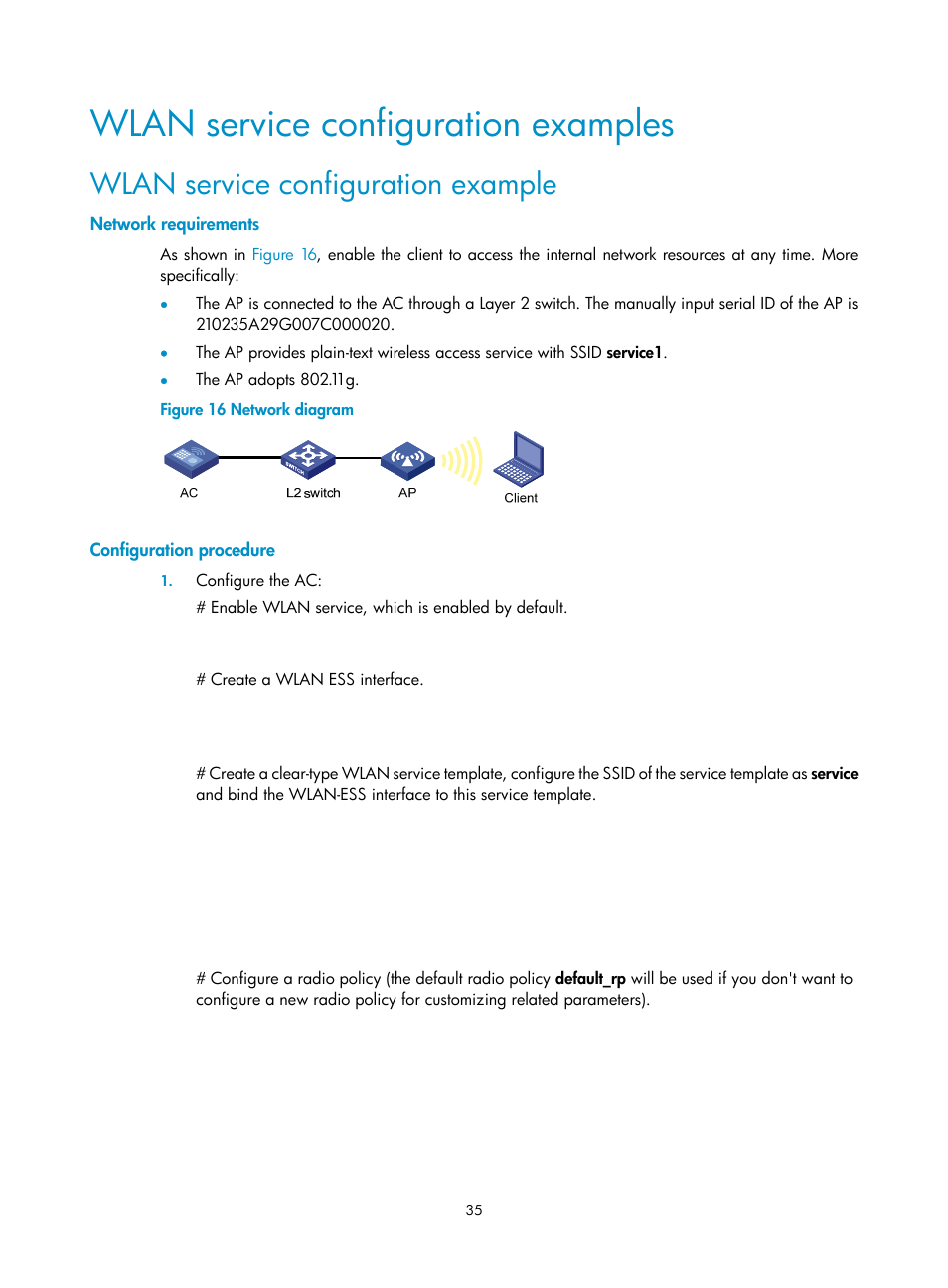 Wlan service configuration examples, Wlan service configuration example, Network requirements | Configuration procedure | H3C Technologies H3C WX3000E Series Wireless Switches User Manual | Page 47 / 226