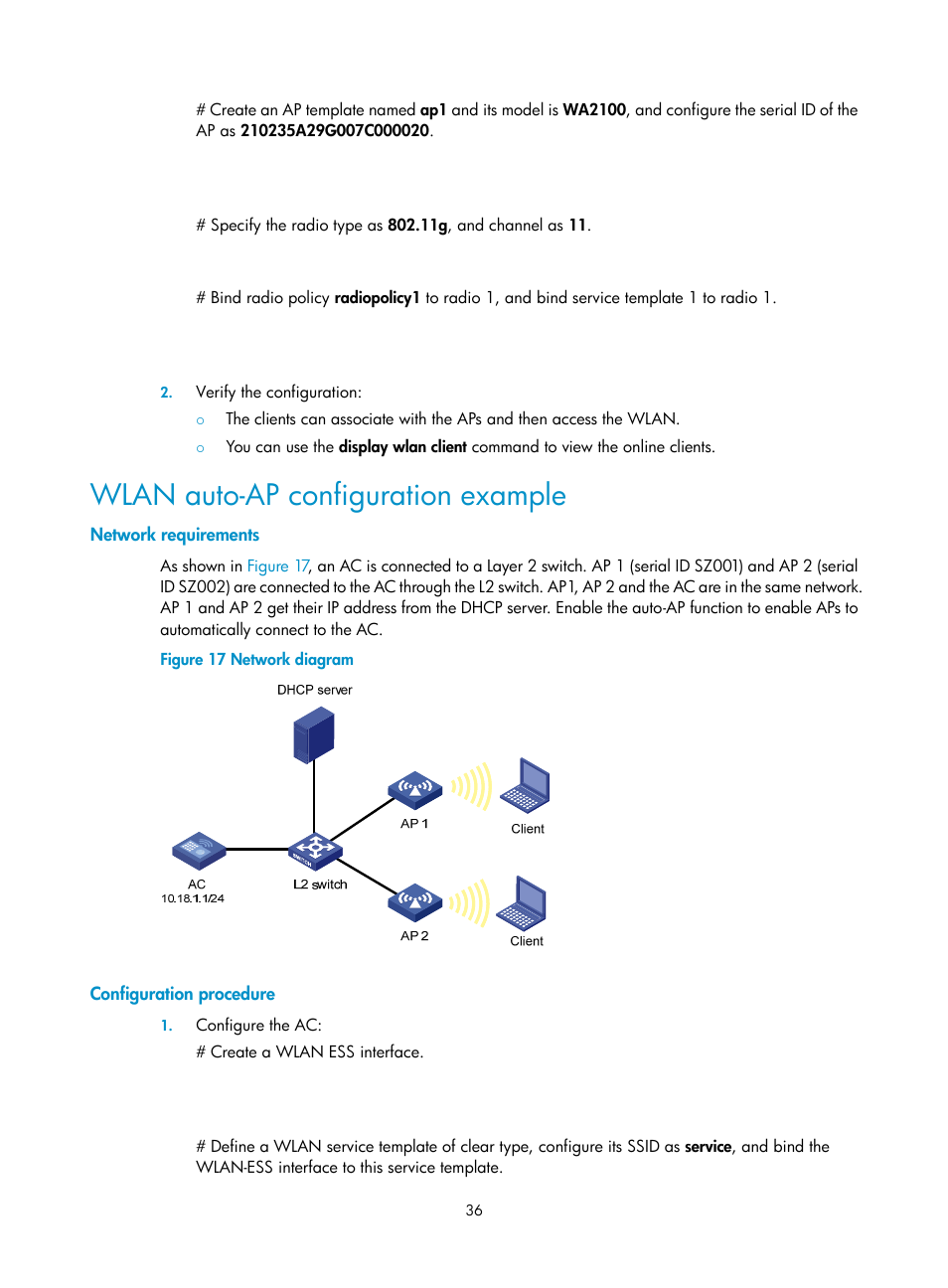 Wlan auto-ap configuration example, Network requirements, Configuration procedure | H3C Technologies H3C WX3000E Series Wireless Switches User Manual | Page 48 / 226