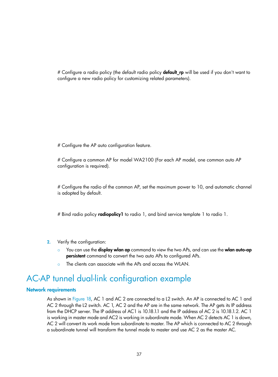 Ac-ap tunnel dual-link configuration example, Network requirements | H3C Technologies H3C WX3000E Series Wireless Switches User Manual | Page 49 / 226