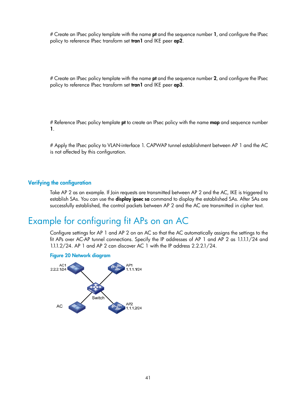 Verifying the configuration, Example for configuring fit aps on an ac | H3C Technologies H3C WX3000E Series Wireless Switches User Manual | Page 53 / 226